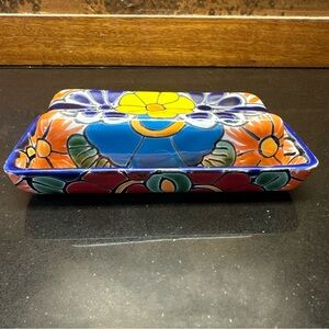 Hand Painted Lead Free Talavera Mexican Pottery Covered Butter Dish 7"